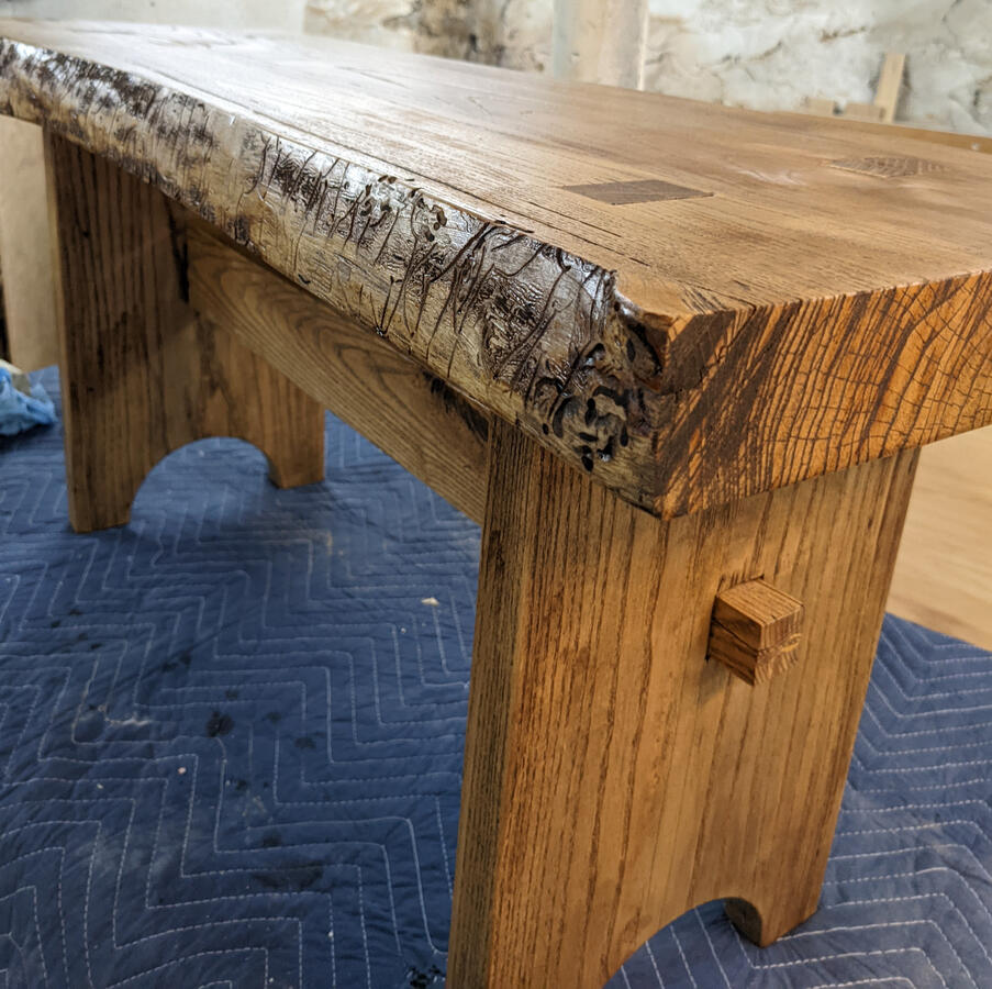 Live edge Ash bench with no mechanical fasteners. Live edge Ash bench with no mechanical fasteners.